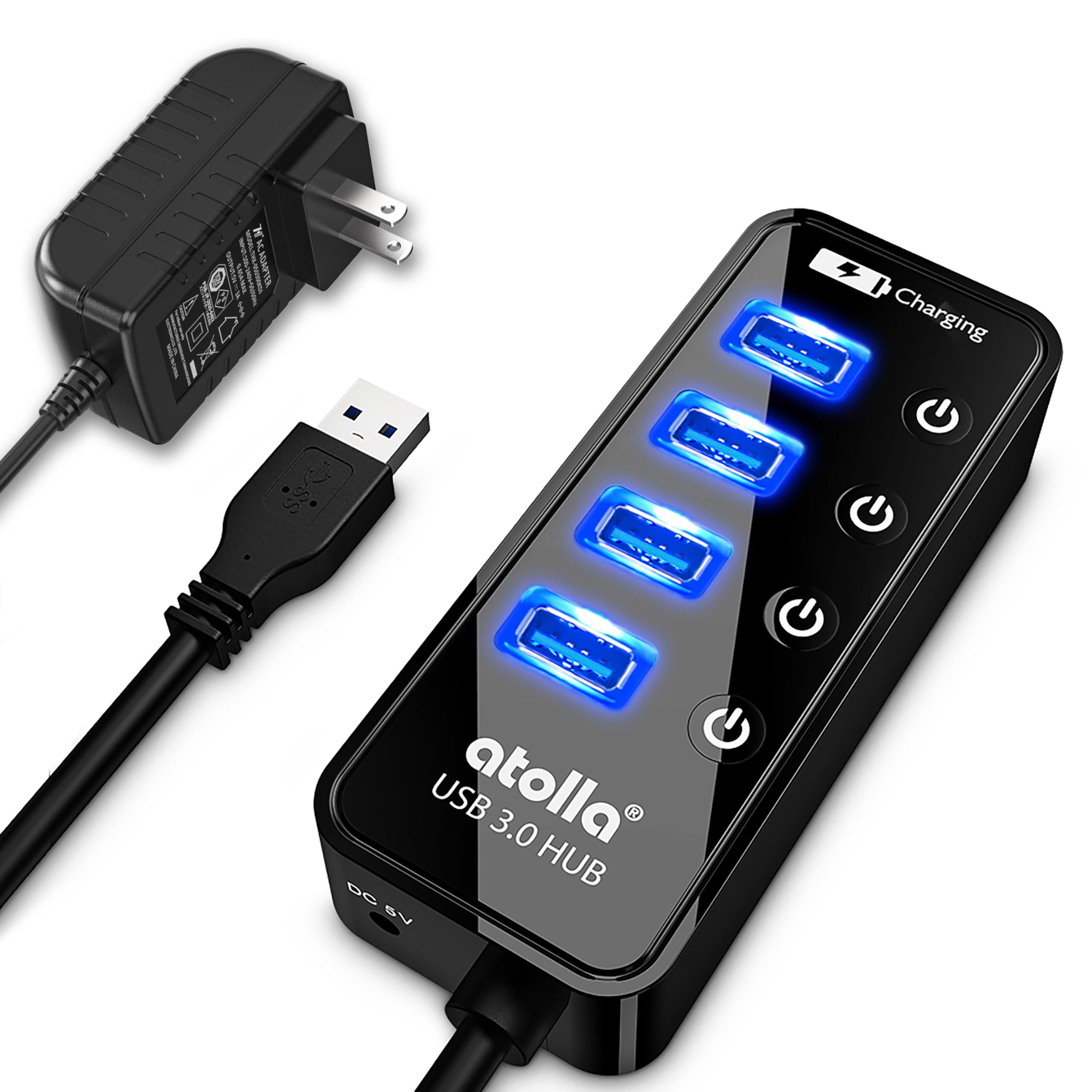 

USB3.0 концентратор с блоком питания, atolla 4 порта высокоскоростного расширения USB3.0 + 1 порт зарядки USB концентратор с независимым выключателем 5 В/3 А адаптер переменного тока в комплекте