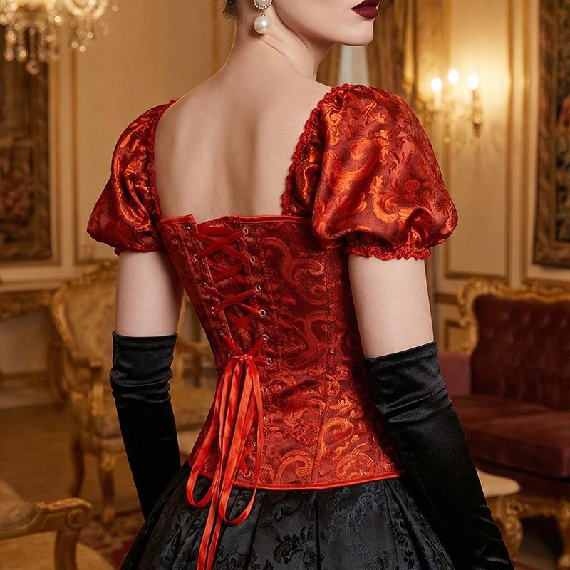Retro Red Brocade Puff Sleeve Fishbone Bodice Corset with Square Neck Jacquard