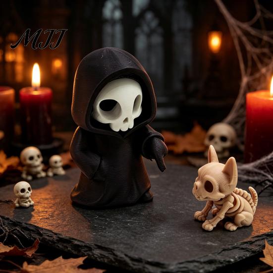 Durable 3D Printed Figures 9Pcs Grim Reaper Figurines, Cool Skull Skeleton Statues, Gothic Dark Halloween Ornaments Decoration for Bedroom Home