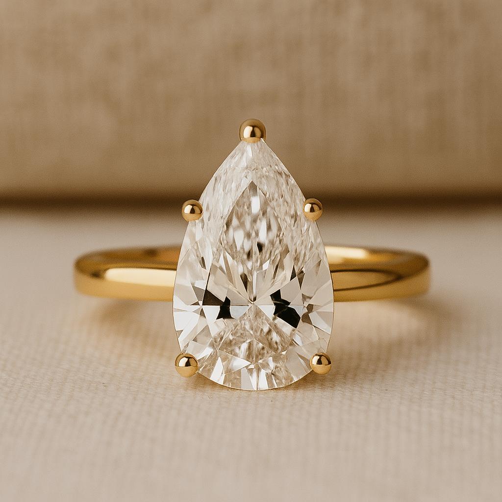 Pear Cut Moissanite Engagement Ring, Prong Set Bridal Jewelry, Solitaire Wedding Ring, Yellow Gold Plated Silver