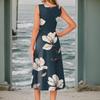 Women's Casual Fashion Floral Print Round Neck Sleeveless Color Midi Dress