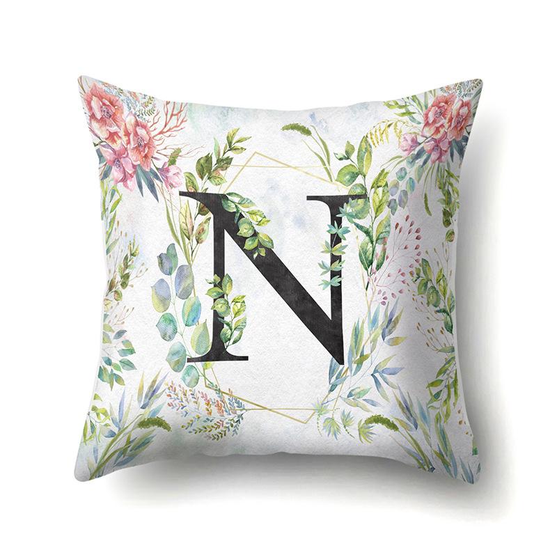 Polyester Pillowcase Green Leaf Decorative Print Pillowcase 26 English Letter Cushion Cover