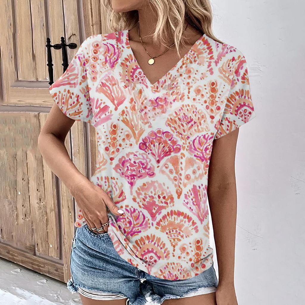 vintage women floral print t shirt short sleeve v neck tops comfortable t-shirts