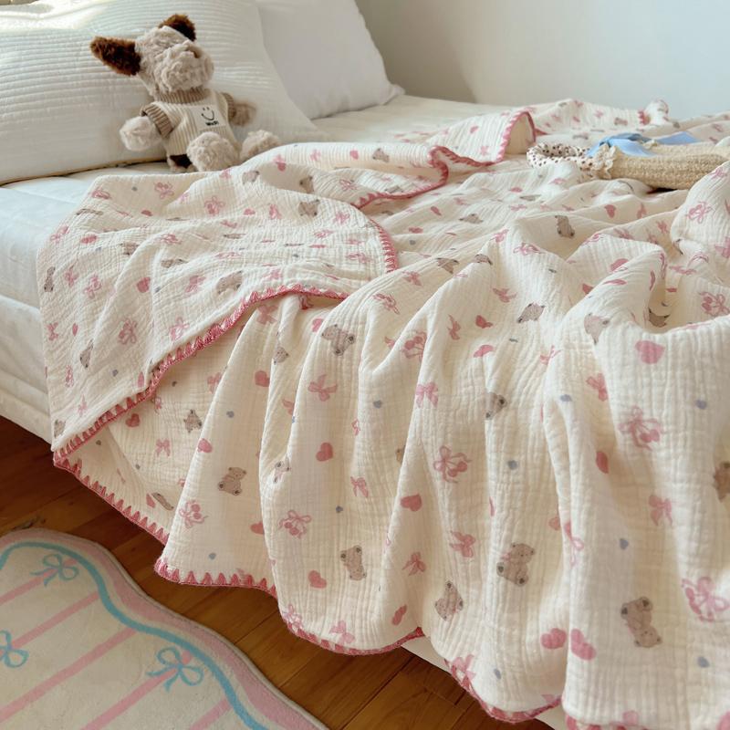 100% Cotton Blanket INS Style Pure Cotton Crepe Yarn Summer Blanket Single/Queen/King Size Cartoon Quilt for Kids Soft Plaids