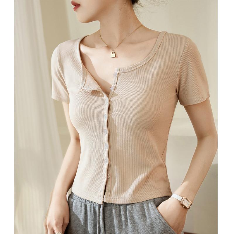 Women's Single Row of Buttons T-shirt Short-sleeved Summer New Threaded Cotton High-waisted Short Tops