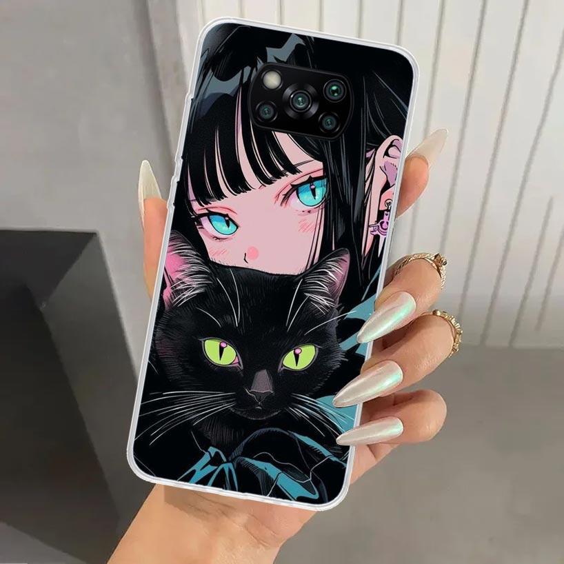 Anime Girls Cute Black Cat Phone Case for Xiaomi Poco X5 X6 X7 Pro F7 Ultra M7 Redmi 15 15C 13 13C 12 12C 10 10A 10C 9 9A 9C 9T