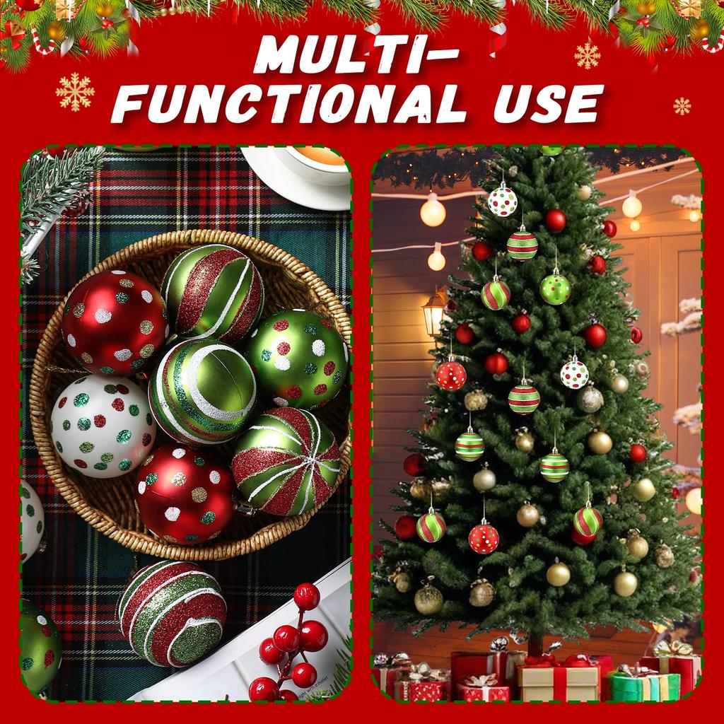 12pcs Christmas Ball Ornaments Tree Decoration 2.4 Inch Red Green Hanging Xmas Tree Ornaments Glittering Plastic Christmas Balls