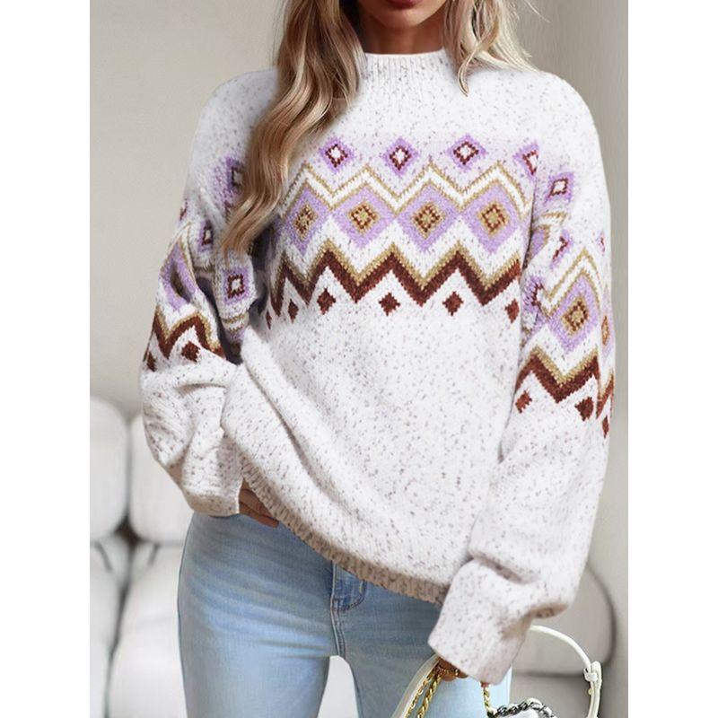 Cross-Border European and American Autumn and Winter New Fashion Half High Collar Geometric Pattern Loose Long Sleeves Snowflake Sweater Sweater
