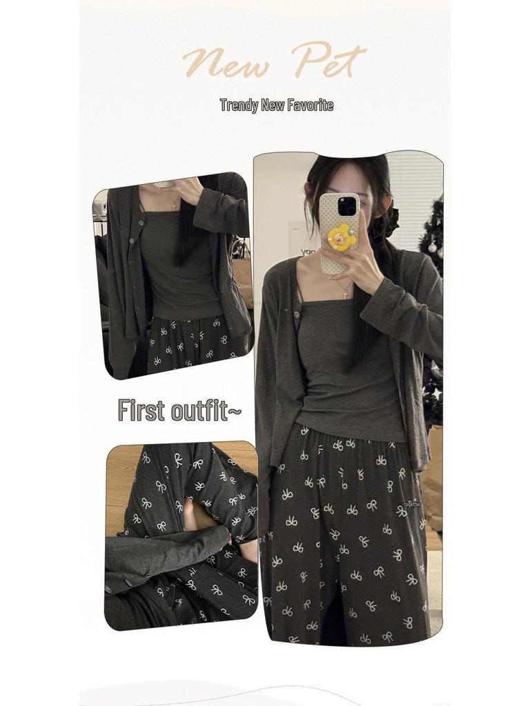 Women's Modal Cotton Pajama Set - Three-Piece Sleeveless and Long Sleeve with Chest Pads for Indoor or Outdoor Use