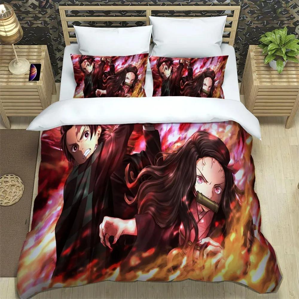 Demon Slayer bedding set soft bed cover pillowcase single/double Japanese manga Boys and adolescents sheet set