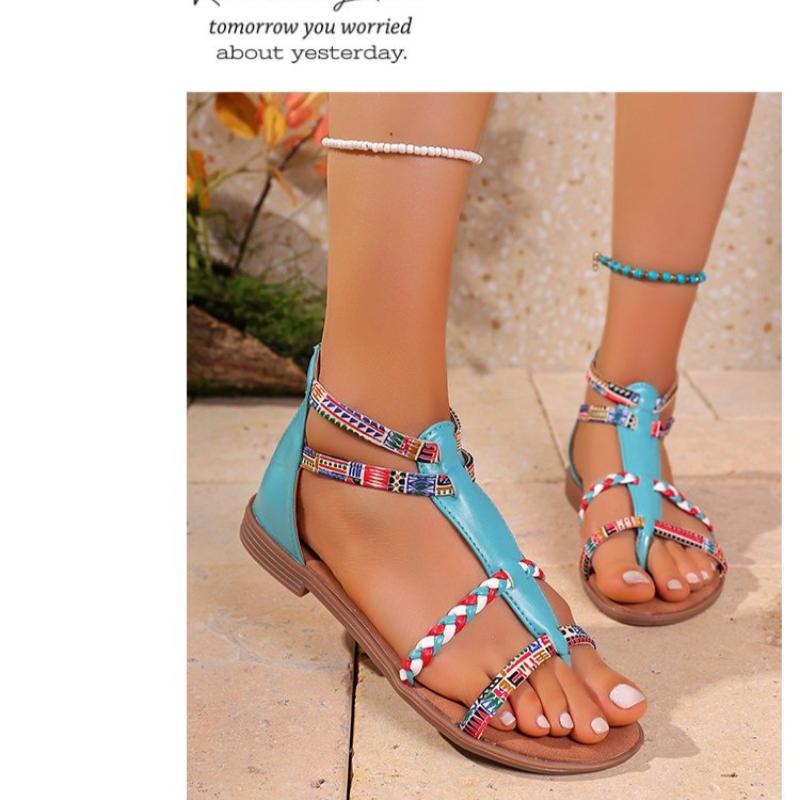 

Модные босоножки на плоской подошве в богемном стиле, смешанных цветов, для женщин, лето 2025, с узкой перемычкой, на молнии, с закрытой пяткой, в римском стиле 35 небесно-голубой