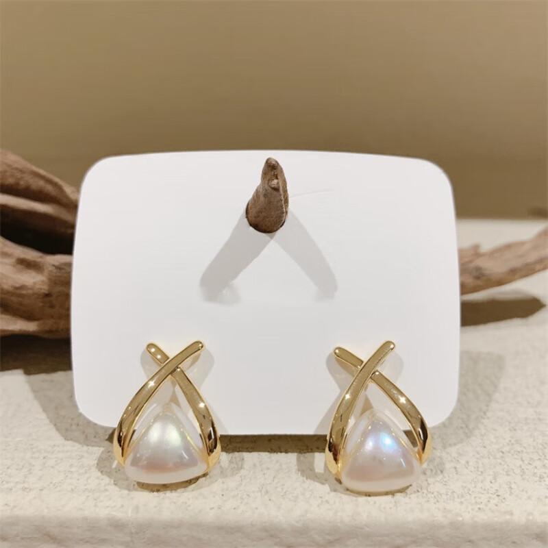 Light Luxury Niche Hollow Geometric Imitation Pearl Stud Earrings Femininity Triangular Cross Earrings