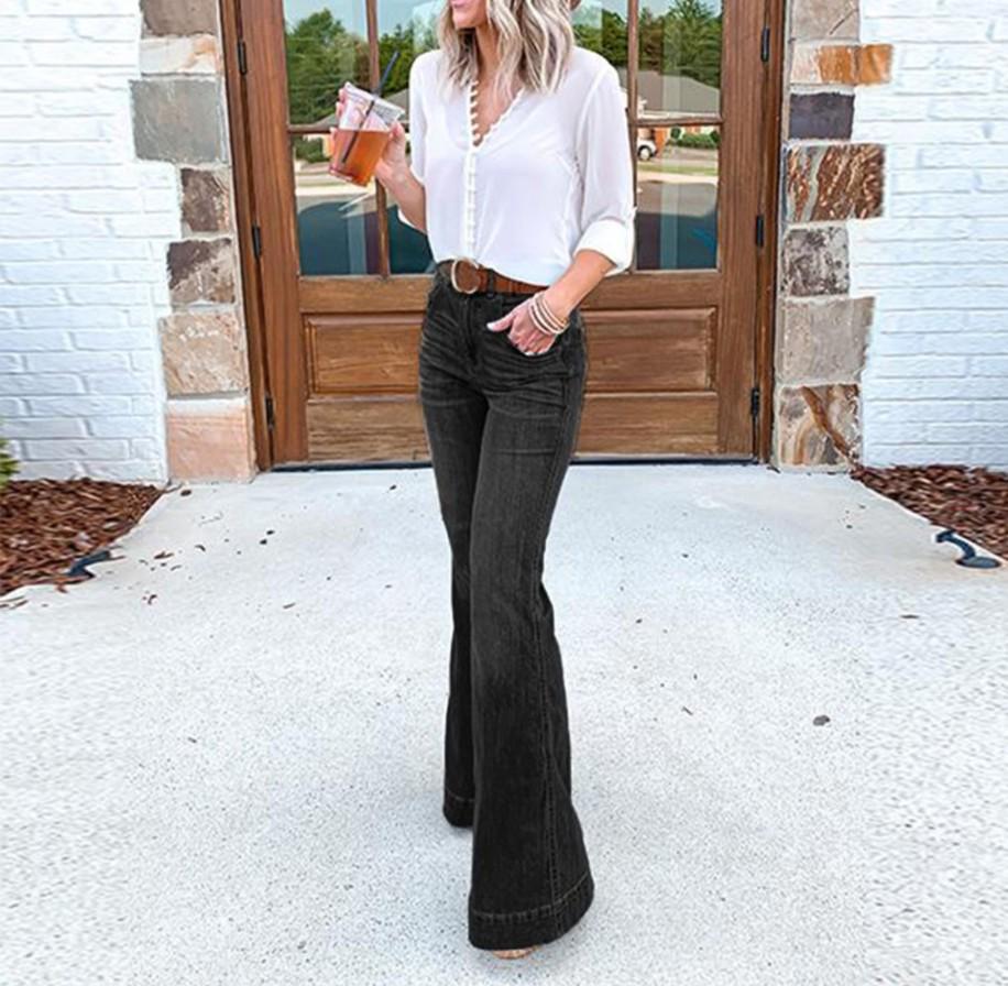 

Women s European & American Style Wide Leg Flare Jeans XS чёрный