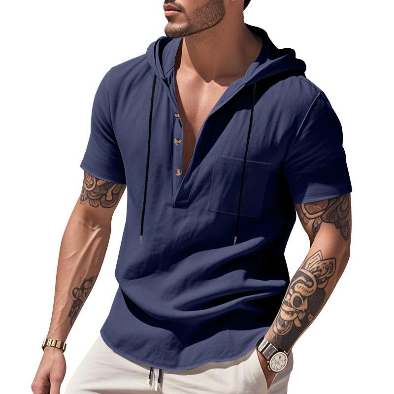 Men's Relaxed Fit Linen Beach Hooded Pocket Henley Short-Sleeved Shirt