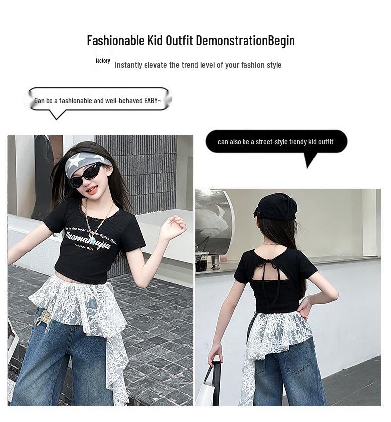 Girls' Trendy Backless T-Shirt & Jeans Set with Lace Jazz Dance Cover
