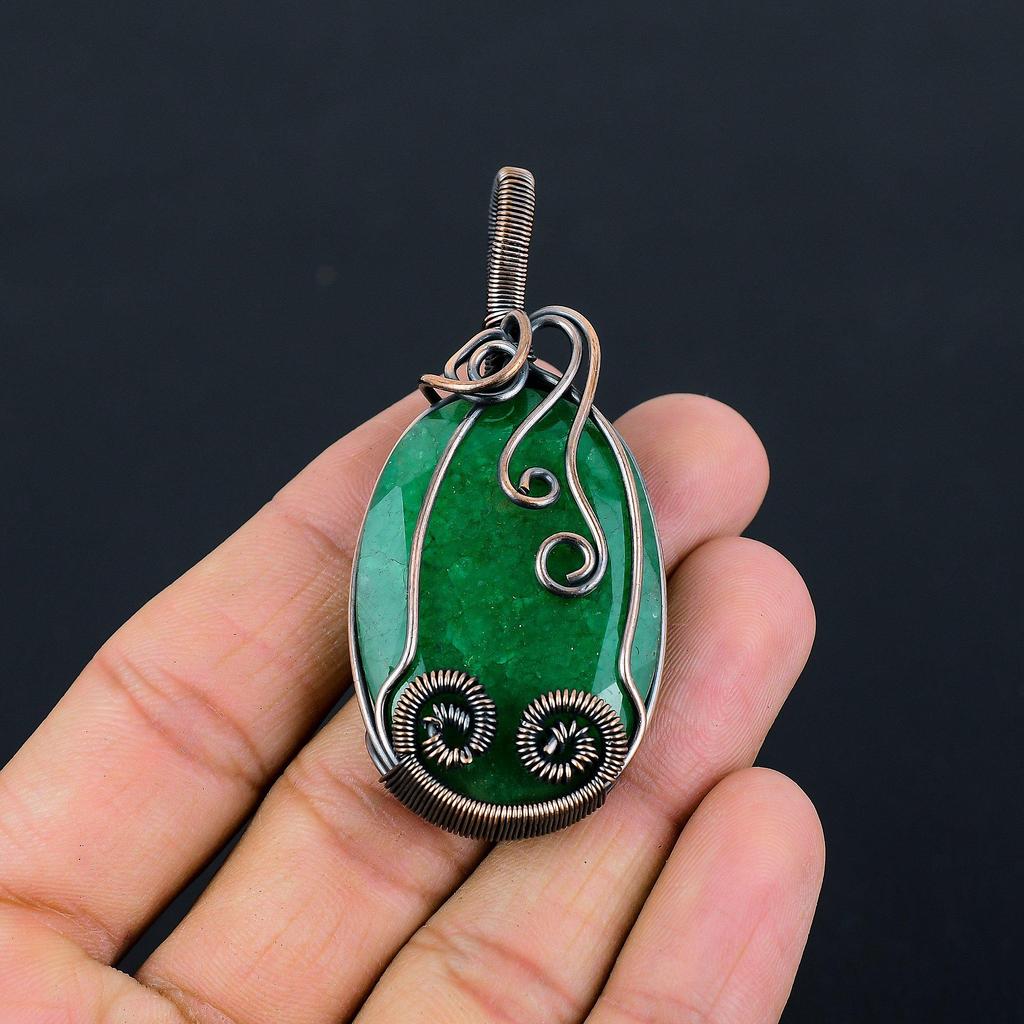 Lab-Created Emerald Gemstone Pure Copper Wire Wrapped Handmade Pendant Jewelry For Gift