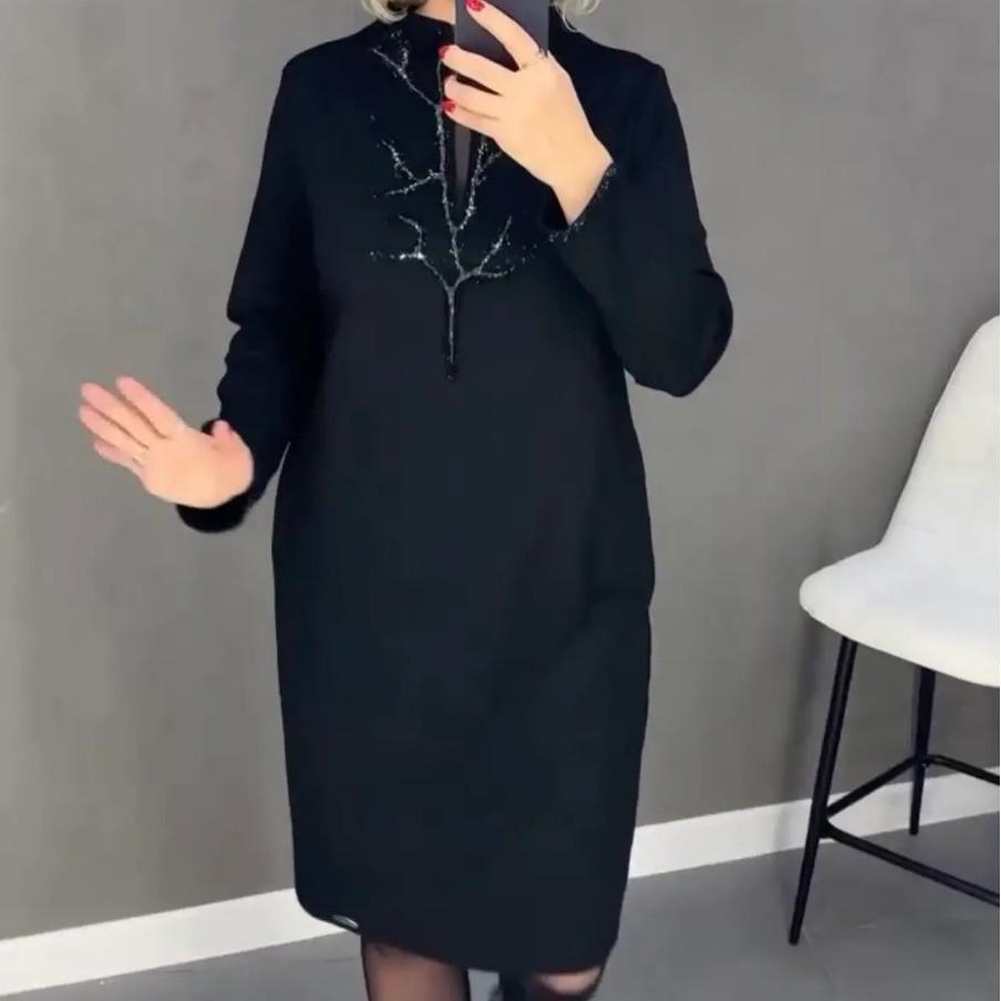 2024 European & American Plus Size Stylish Black Long Sleeve Round Neck Dress
