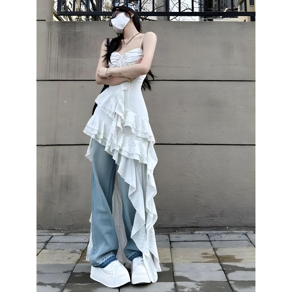 

Темпераментная юбка-сарафан с цветочным принтом, женское летнее повседневное новое нишевое платье с неровным краем и оборками XL- (recommended 110-60kg)