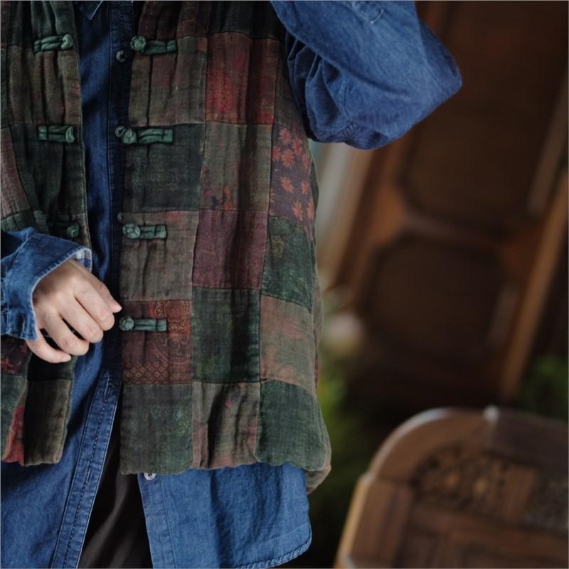 Johnature Dámské vintage patchworkové barevné vesty kabáty knoflík stojáček čínský styl oblečení podzimní vesty kabáty