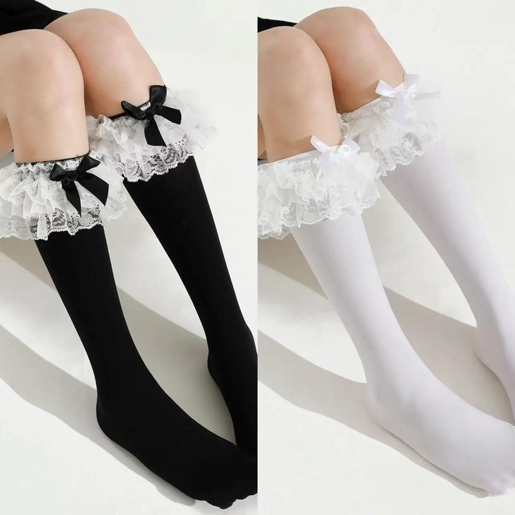 1 Pair Women Gothic Simple Tights Stockings Women Fashion Y2K Retro Sexy Slim Lolita Stockings Solid Cute Lace Bow Mid Socks
