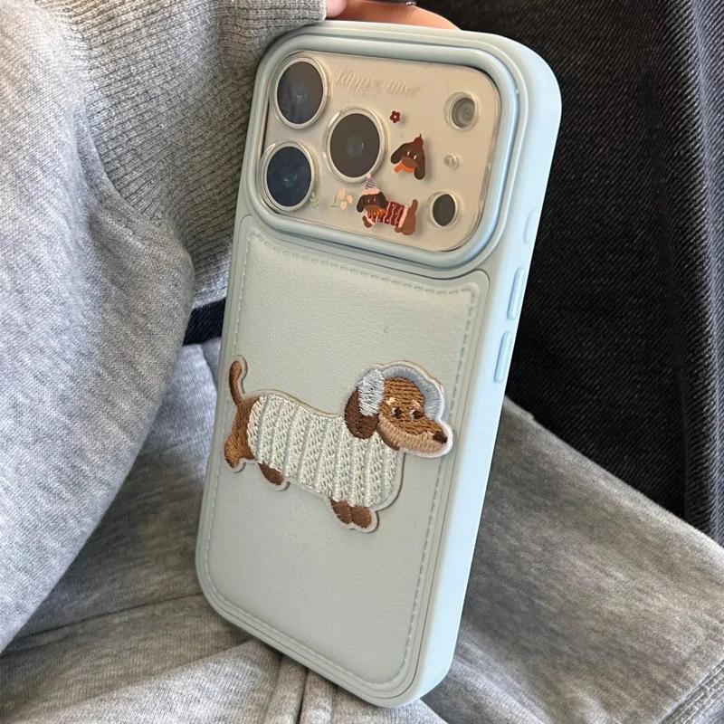 Three-dimensional Embroidery Dachshund for iPhone17promax Bulging Bag Leather Pattern Mobile Phone Case Apple 16 Cute 15 Soft