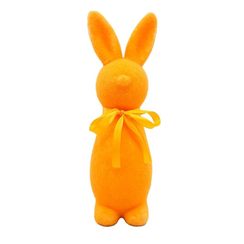 Standing Easter Bunny Decor with Bow Flocked Rabbit Figurine - Premium Material Craft Cute Design Festive Atmosphere Decoration