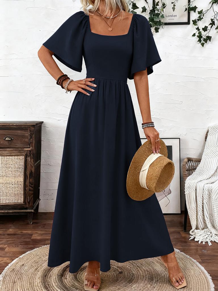 Women's Flutter Sleeve Maxi Dress Square Neck Mid Waist Elegant Solid A Line Dress Bohemian Beach Vacation Evening Gown