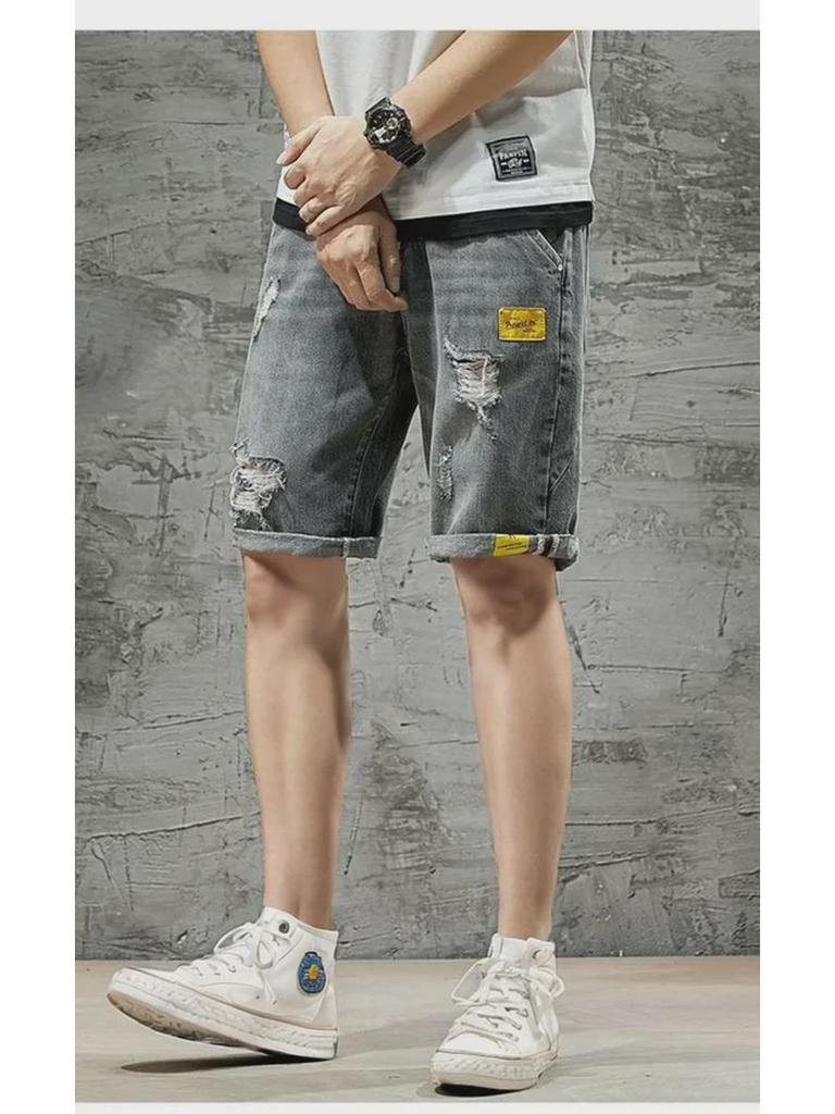 Boys' Slim Fit Light Blue Ripped Denim Shorts with Whisker Print