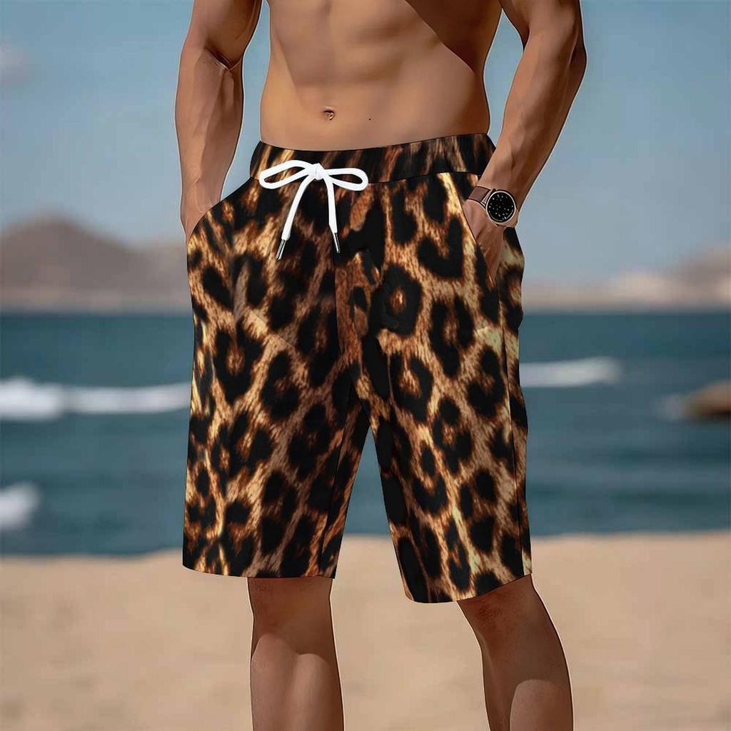 Men Drawstring Elastic Waist Shorts Brown Black Classic Full Leopard Animal Print Bottoms