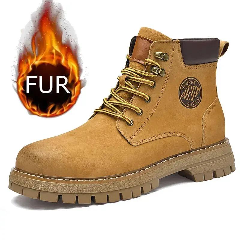 Fashion Warm New Plush Fur Winter Man Brand Yellow Outdoor Lace Up Cowboy Boots Leather Motocross Boots Fashion Non-Slip Men Ankle Boots