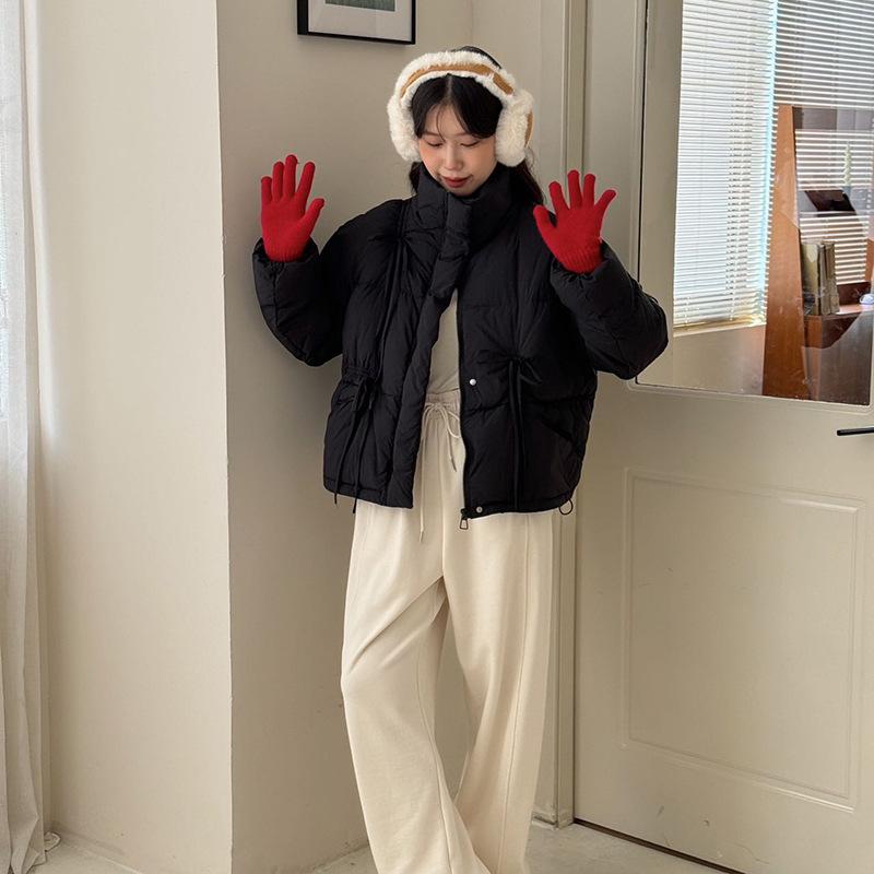 Sweet bow strap down jacket women's short 2024 new stand-up collar warm white duck down bread jacket trendy