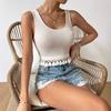 Ladies Summer Sleeveless U Collar Solid Color Casual Tassel T Shirt Vest Crop Top