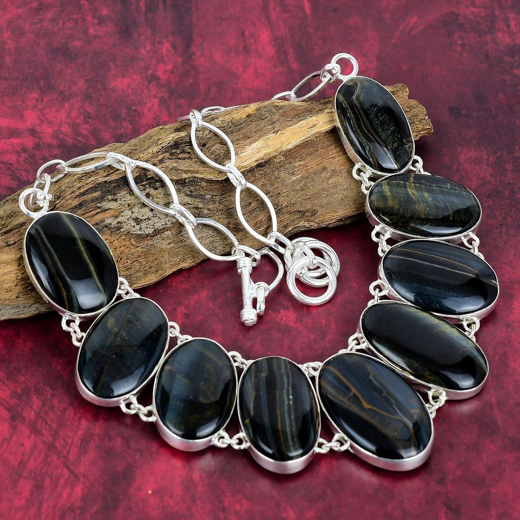 Blue Tiger's Eye Handmade Gemstone Jewelry, 925 Solid Sterling Silver Necklace Unique Design Jewelry, For Women