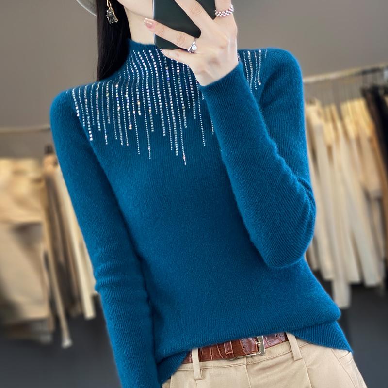 Women's Half Turtleneck Sweater, Qinghe Cashmere, 30% Cashmere 70% Wool, Diamond-studded Winter Knitted Pullover Autumn Sweater Cashmere Sweater
