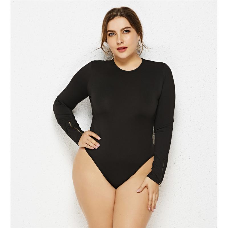 Einteiliger, einfarbiger, langärmeliger, sexy Anti-Exposure-Overall für Damen in Übergröße