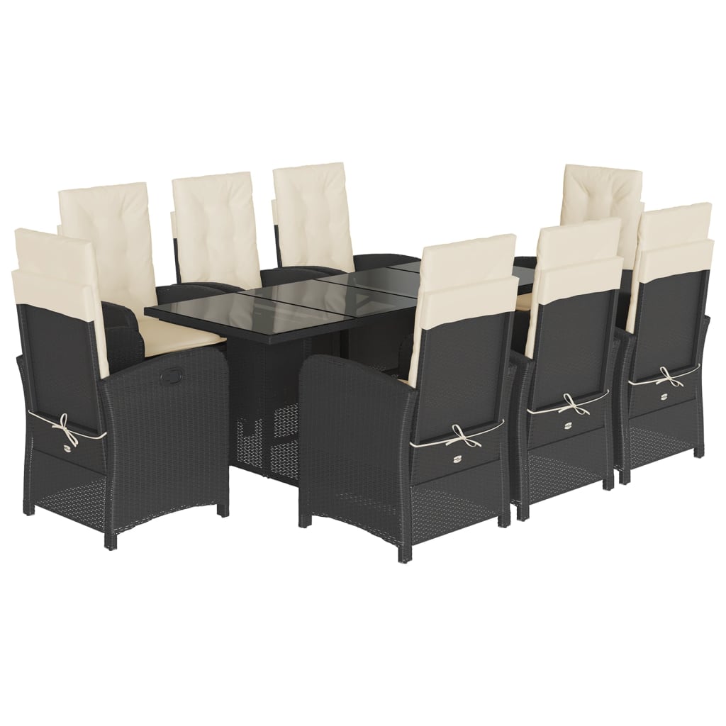 9 Piece Outdoor Dining Set with Cushions Black Poly Rattan