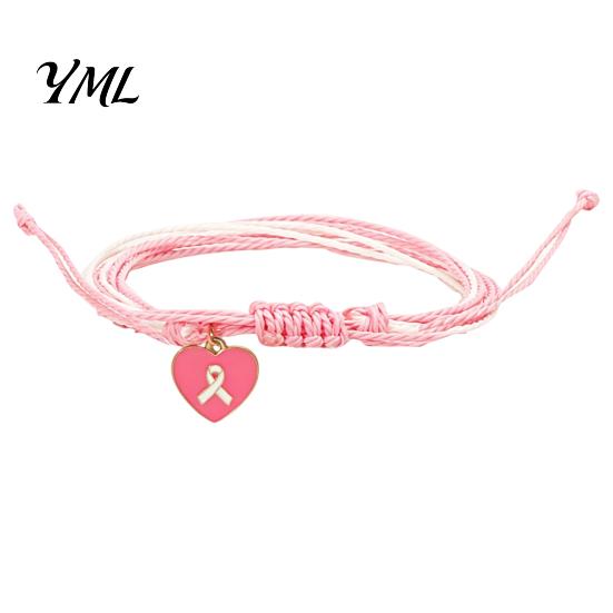 Heart Butterfly Alloy Pendants Breast Cancer Awareness Bracelet for Women, Adjustable Woven String with Comfortable Non Compressive Cord Ribbon Charm,