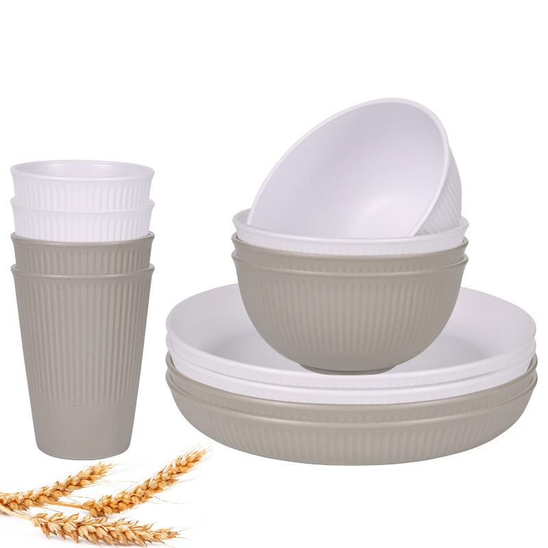 12 ks Sada nádobí ze pšeničné slámy Nerozbitná sada talířů a misek Opakovaně použitelné sady nádobí Vhodné do myčky a mikrovlnné trouby