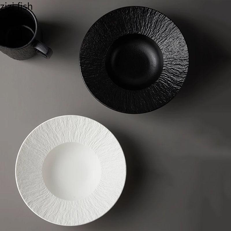 Farfurie ceramică cu textură de rocă de culoare solidă, farfurie groasă pentru supă, farfurie pentru salată, farfurii pentru paste, bucătărie moleculară, tacâmuri speciale