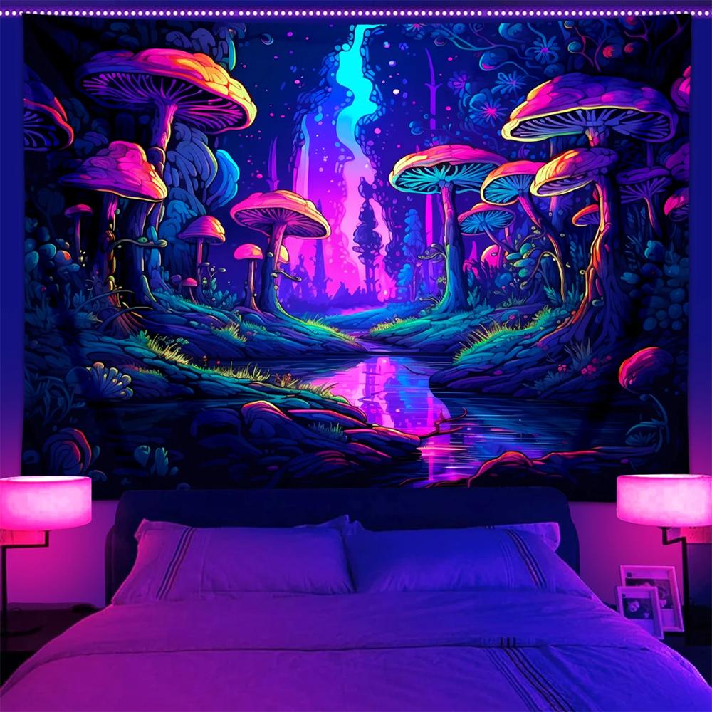 Glowing Mushroom Tapestry For Magical Nights Uv Reaction Tapestry Background Decoration Wall Hanging Bedroom Party Decoration