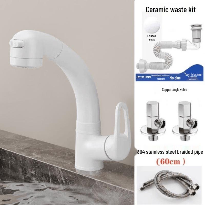 Tai Ju Fu Single Hole White Retractable Hot/Cold Basin Faucet