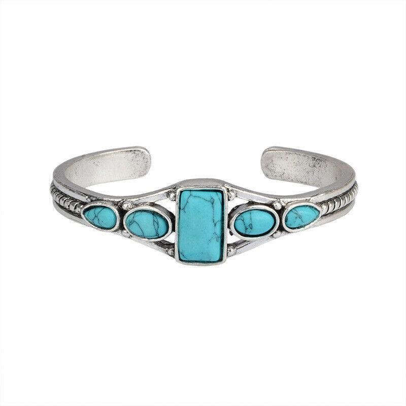 Bohemian Vintage Turquoise Open Adjustable Bracelet, Carved Hollow Geometric Bracelet