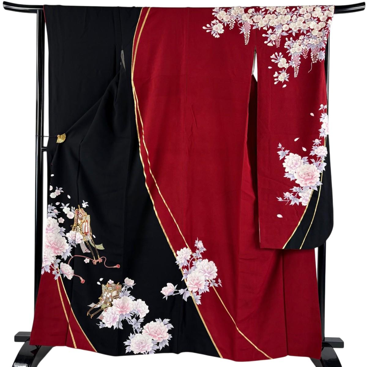 

Furisode, body length 163cm, sleeve length 66.5cm M, imperial robe, peony, gold thread, gold color, red, pure silk, masterpiece [Used]