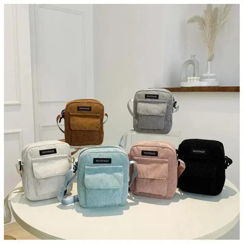Casual Zipper Corduroy Crossbody Bag Cute Shopping Bags Women Single Shoulder Bag Phone Pouch Striped Cloth Fabric Handbags