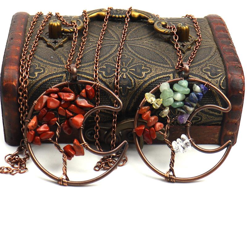 Vintage Handmade Wrapped Moon Tree Of Life Necklace Gravel Crystal Pendant N109