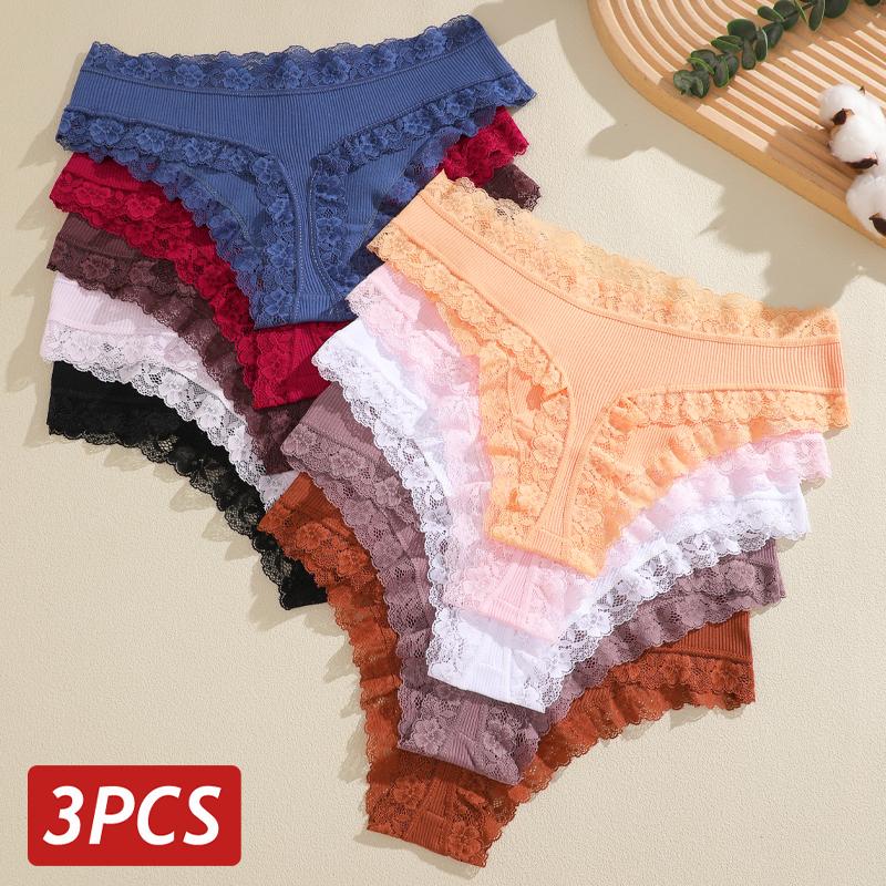 FINETOO 3Pcs/Set Women's Cotton Lace Thongs Underwear Seamless Low Waist Ribbed Breathable Panties Female Soft Comfortable Sexy Lingerie
