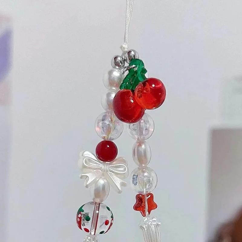 Korean Cute Red Cherry Bow Pearl Phone Chain Lanyard Charm Strap Wrist Bead Hanging Cord Bracelet Keychain For Cell Phone