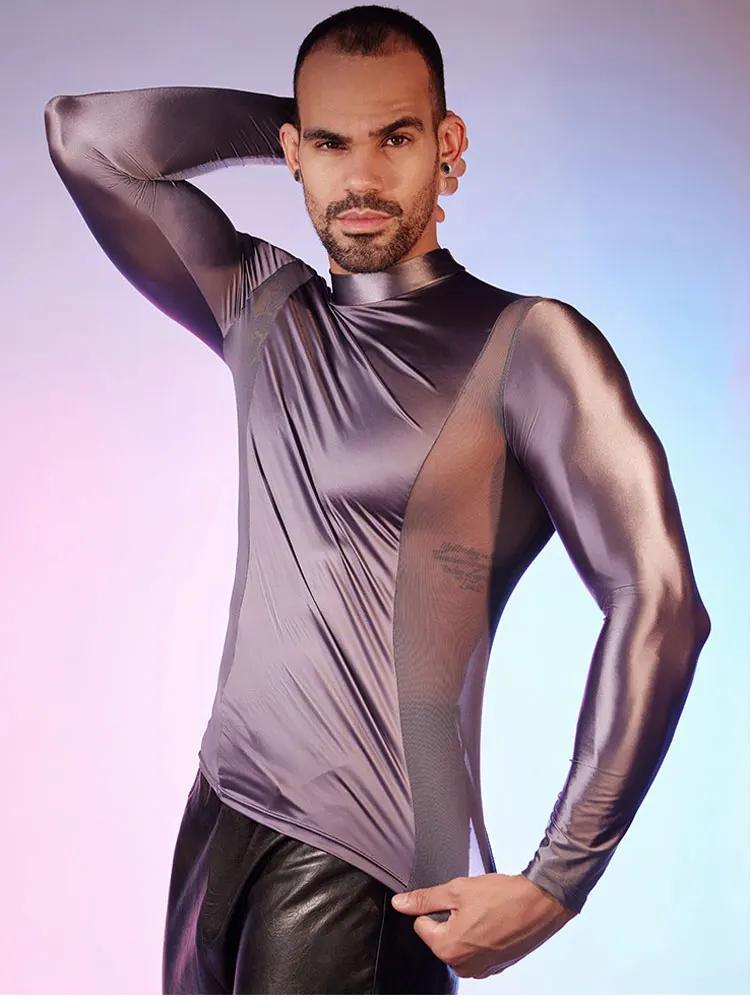 Sexy Patchwork Men'S Long Sleeve Shirts Shiny Smooth Breathable Tops Exotic Sheer Transparent Club Man Clothing T-Shirts Male