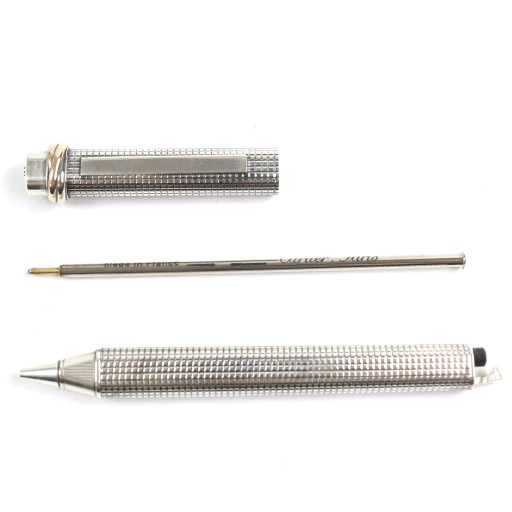 Great Cartier Ballpoint pen Trinity logo engraved cap style Silver grid pattern mens Used