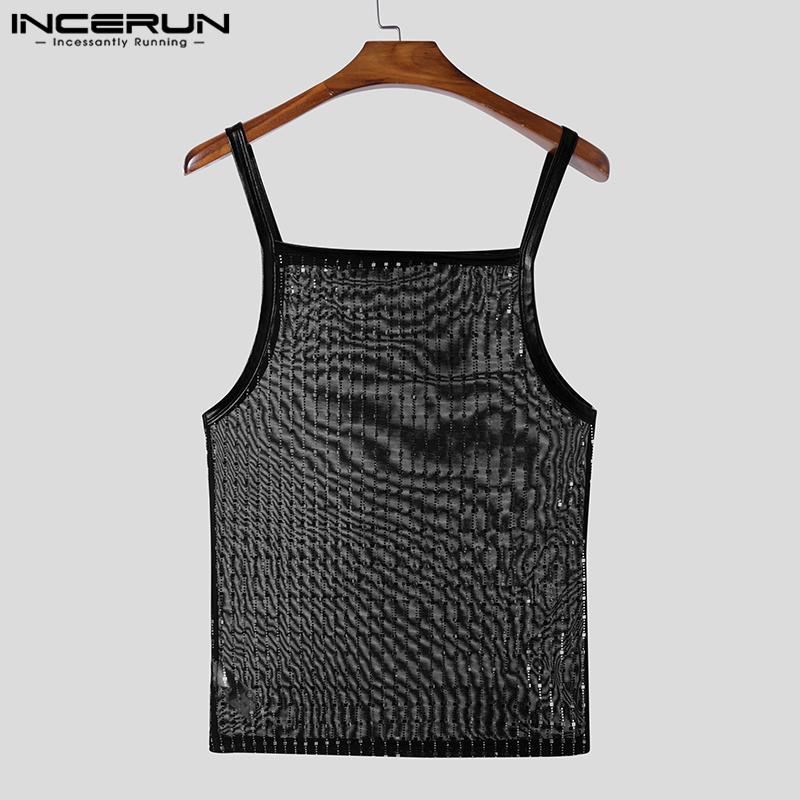 INCERUN Men Strap See Through Tank Tops Sleeveless Party Mesh Glitter T-shirts